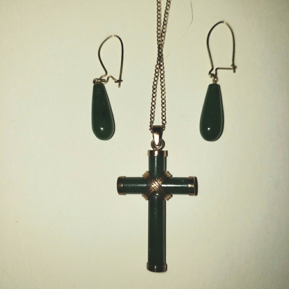 Jade Cross Necklace Gold Filled and Jade Earrings Vintage